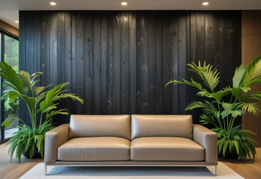 Functional wooden wall decor including a branch coat rack and floating shelf.