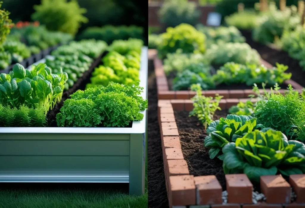 Comparison between a modern raised bed potager garden and a traditional in-ground design.