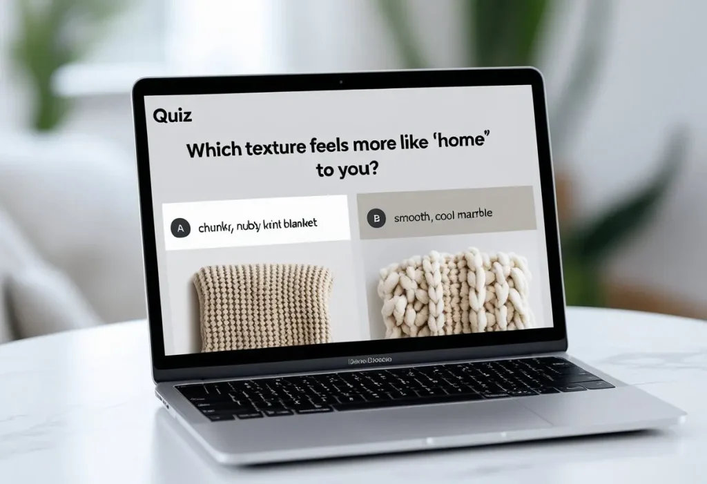  Example question from an interactive find your home decor personality quiz showing texture choices.