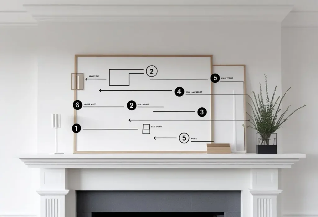 Step-by-step diagram illustrating the process of fireplace mantel styling.