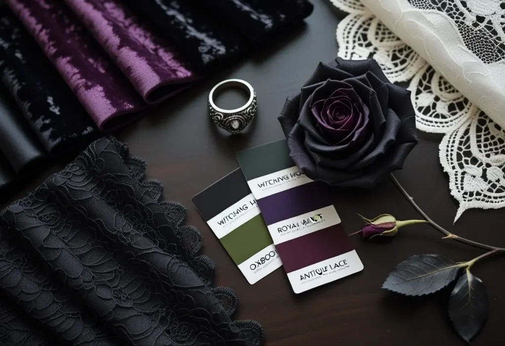 goth home decor color palette fabrics and paint swatches