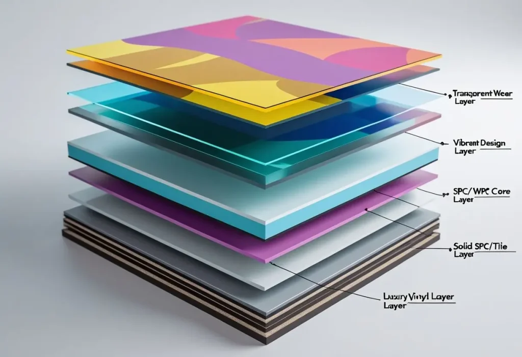 Infographic showing layers of Luxury Vinyl Tile Flooring