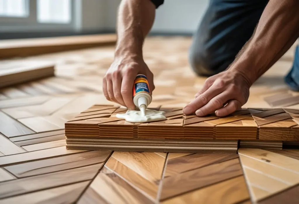 Close-up of glue-down installation method for wood parquet flooring.