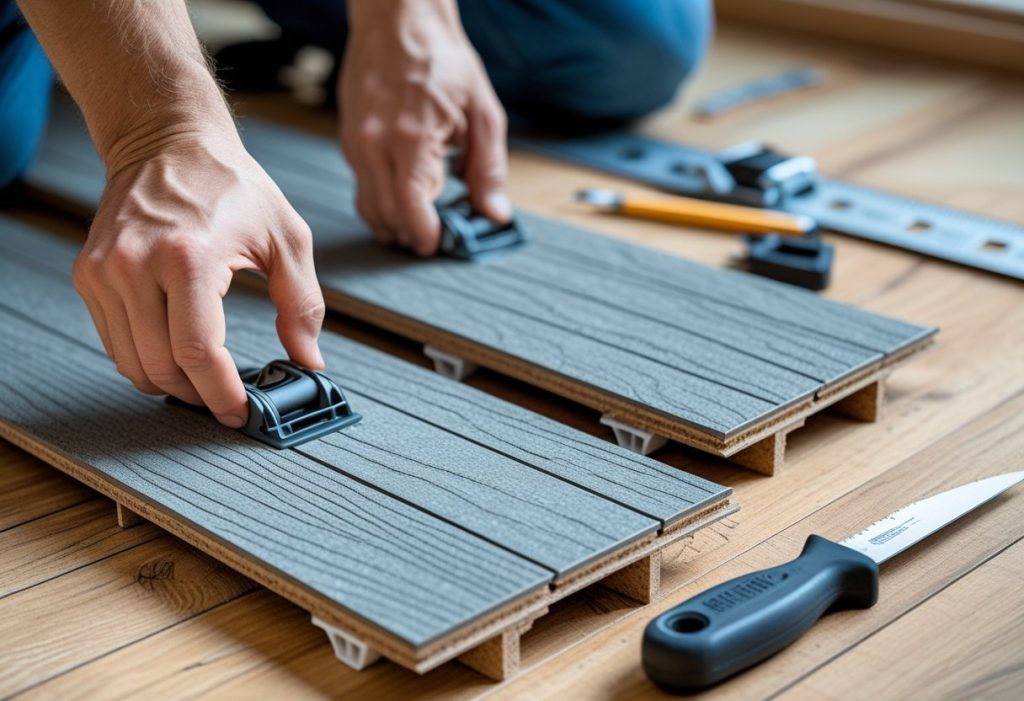 DIY installation of floating cork flooring planks using the click-lock system.