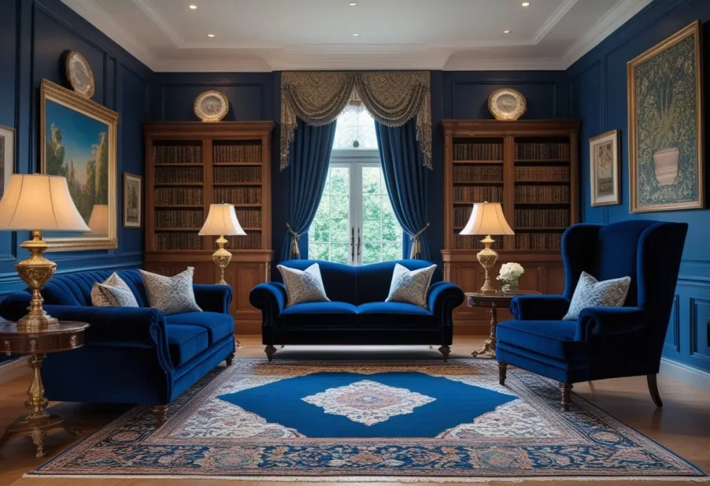 A formal navy blue velvet 3 piece living room set with wingback chair in a traditional library.