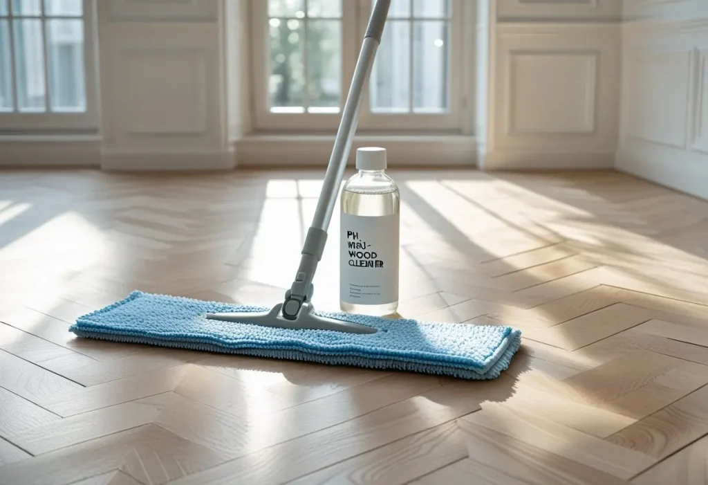 Tools for cleaning and maintaining wood parquet flooring, including microfiber mop.