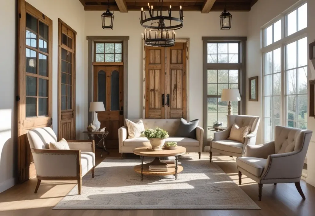 Sunlit home interior decorated with architectural salvage vintage home decor, including reclaimed wooden doors, vintage windows, and antique iron chandeliers.