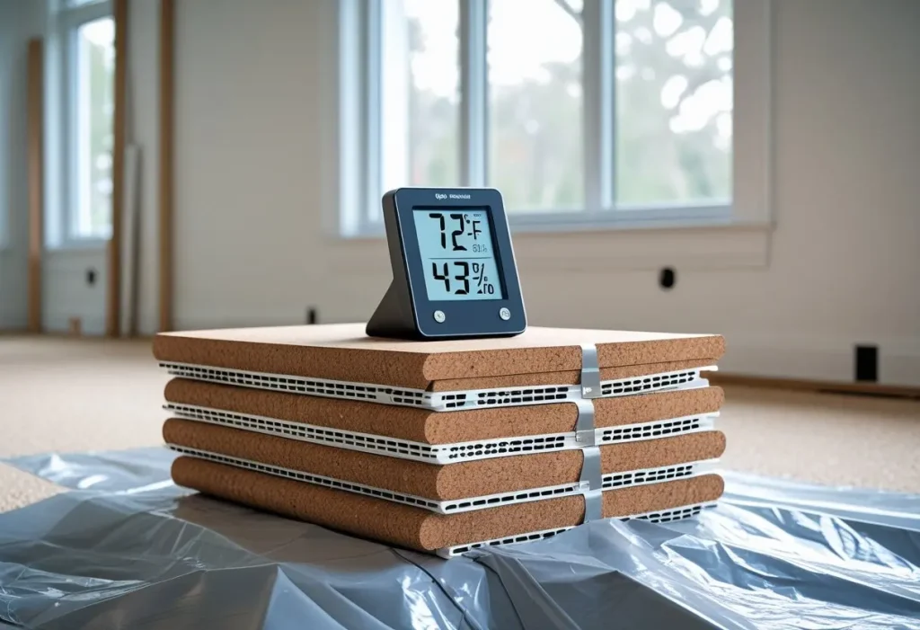 Correct storage and acclimation for heavy cork flooring click weight bundles before installation.