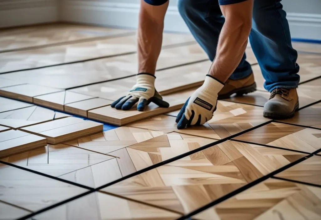 Parquet flooring installation process showing professional glue-down method and geometric wood pattern