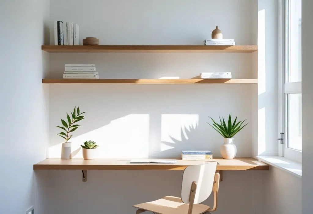 Floating oak wood wall shelves used as functional wood wall decor in a Scandinavian home office.