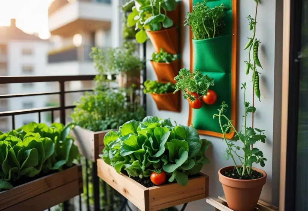 A small-space balcony potager garden using containers, vertical planters, and a trellis.