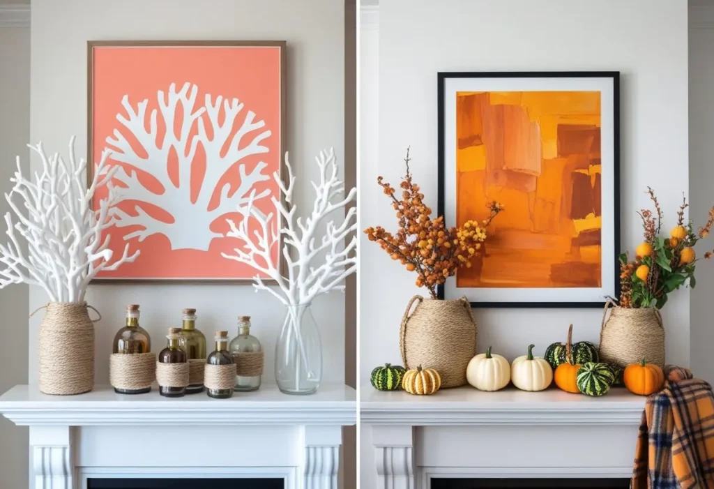 Seasonal mantel decor transformation from summer to fall themes.