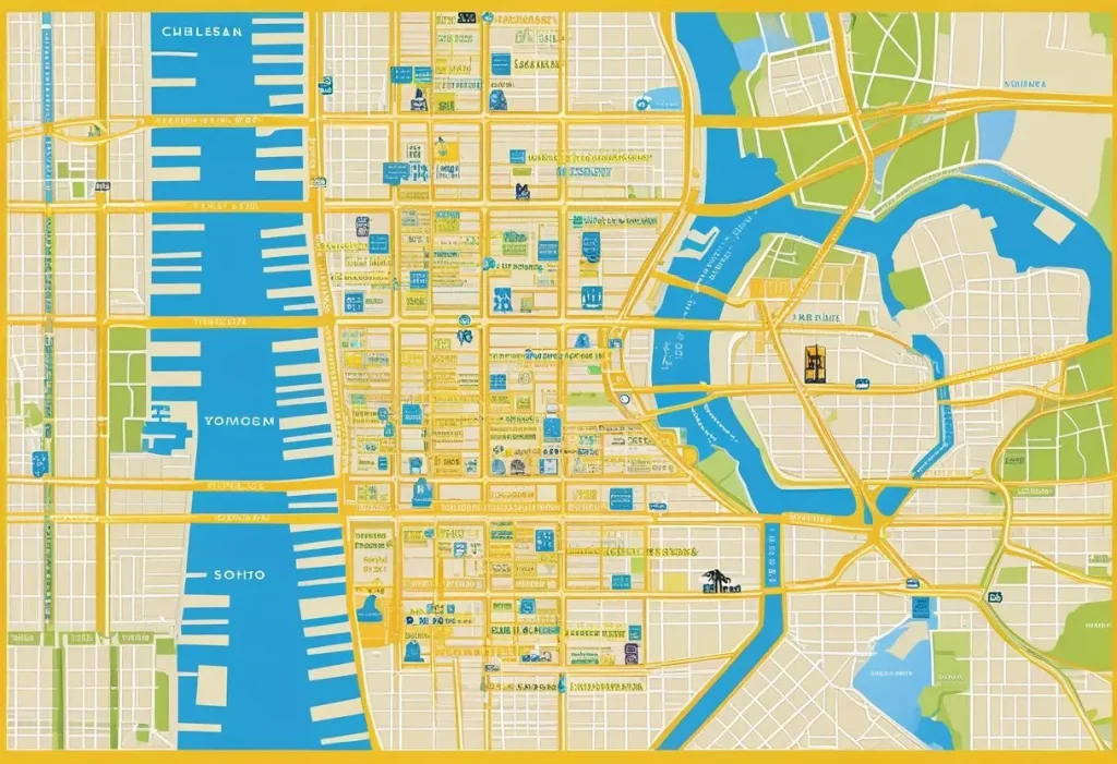 New York NY map showing neighborhoods with decor art galleries.