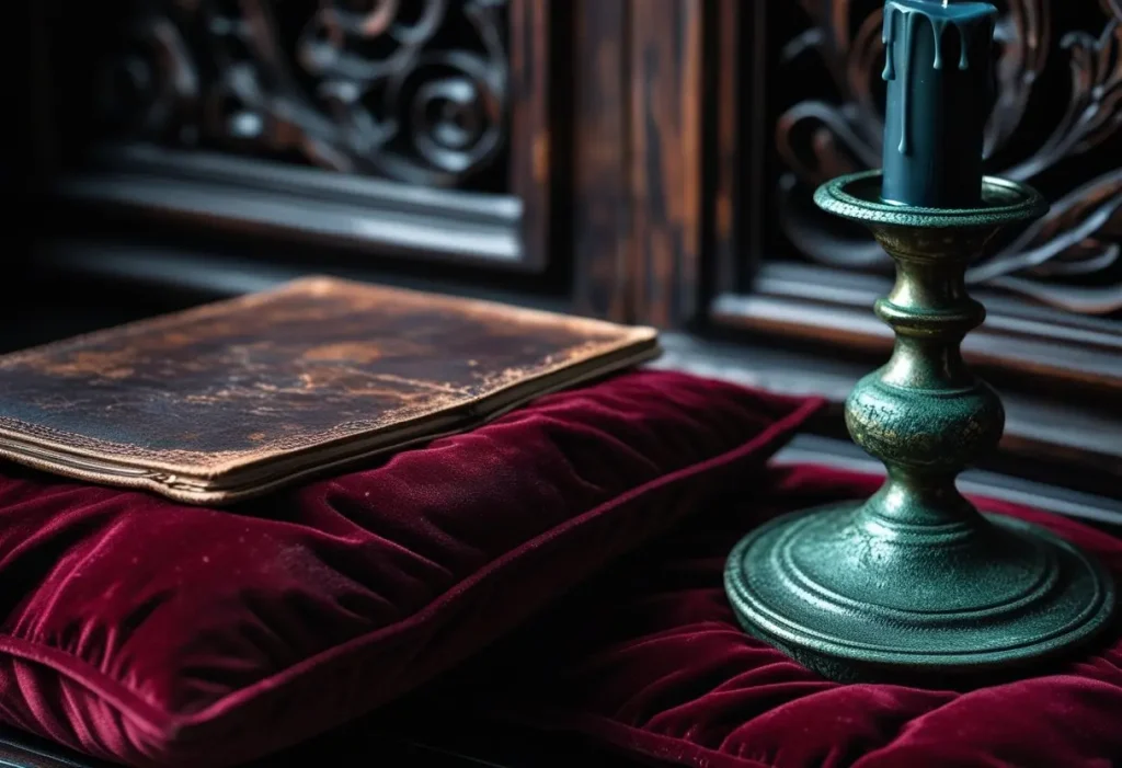 close-up textures in goth home decor velvet leather metal