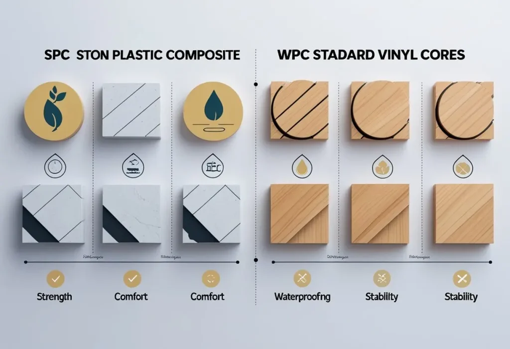 Comparison infographic of SPC, WPC, and standard LVT cores