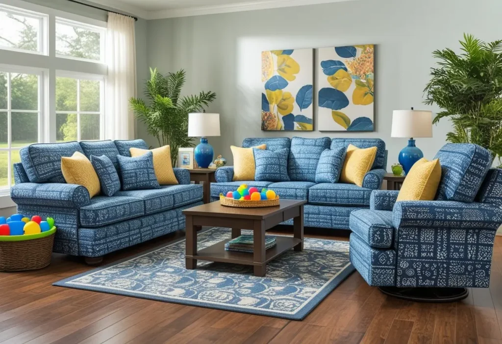 A durable patterned fabric 3 piece living room set in a vibrant, family-friendly living space.