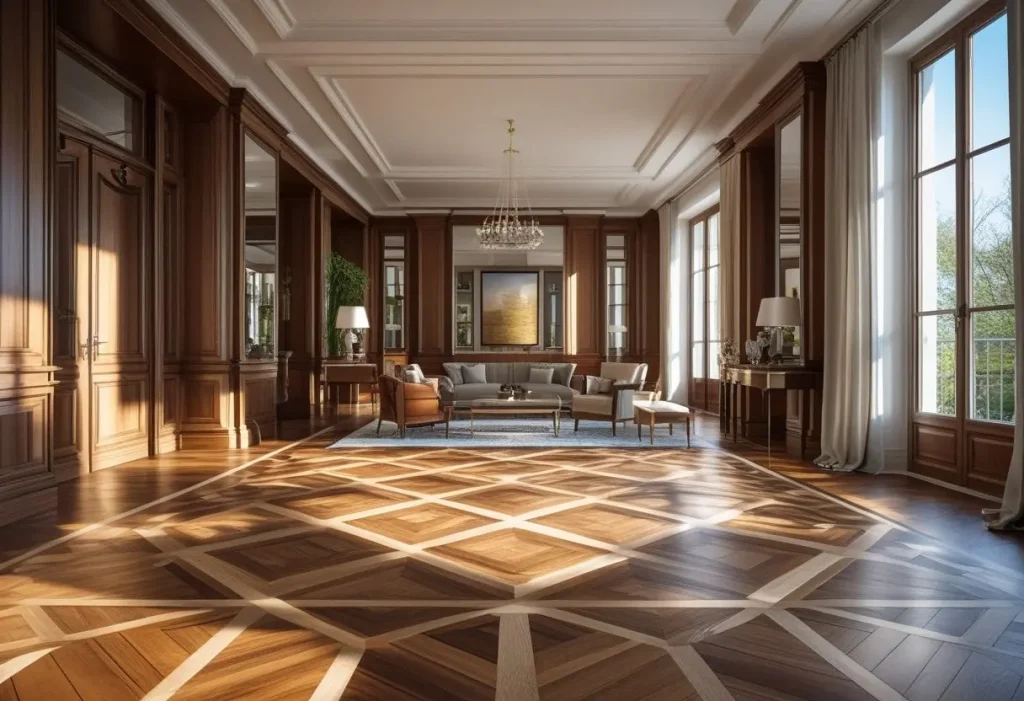 Luxury flooring wood parquet with geometric pattern showcasing premium craftsmanship and timeless interior design.