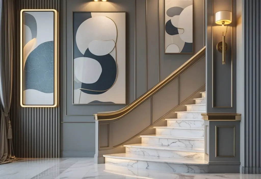 Luxury stair wall decor ideas featuring abstract art and elegant gold lighting.