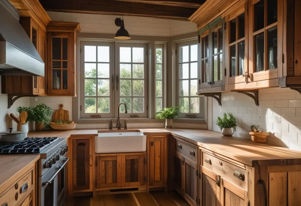 Cozy kitchen decorated with architectural salvage vintage home decor, including reclaimed wooden cabinets, antique brass handles, and vintage windows.