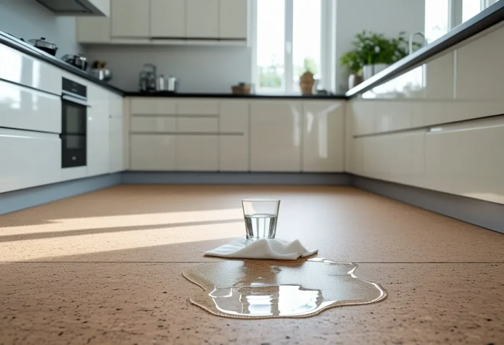 Cleaning a spill on light grey cork flooring in a modern kitchen.