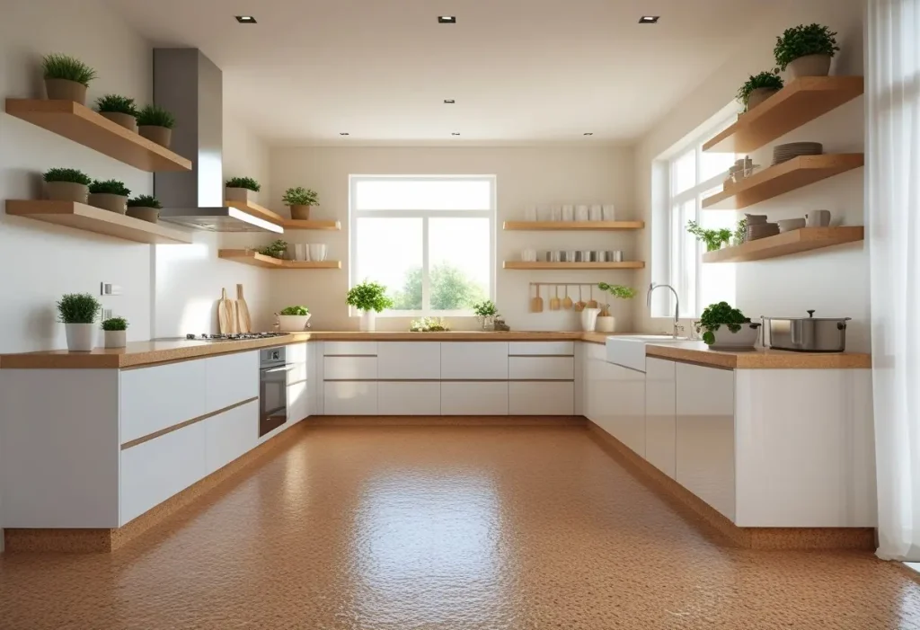 Sealed cork flooring used in a modern kitchen for comfort and durability