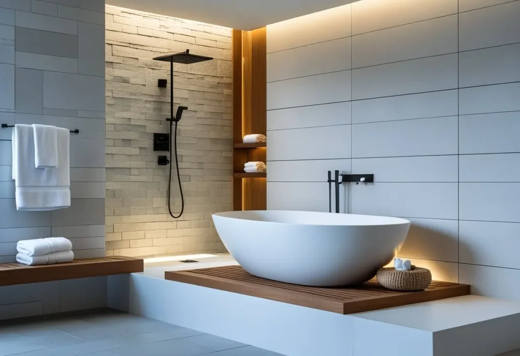  Serene spa bathroom with gray stone tile, white tub, and teak wood accents.