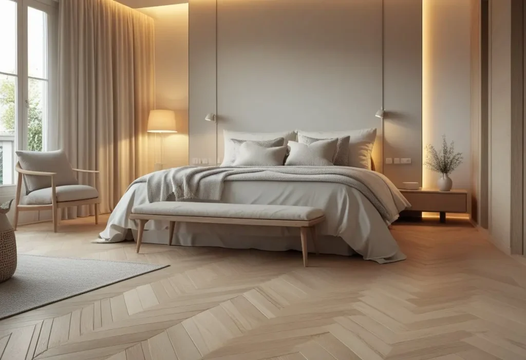 Parquet flooring in a modern bedroom with natural wood finish and elegant interior design