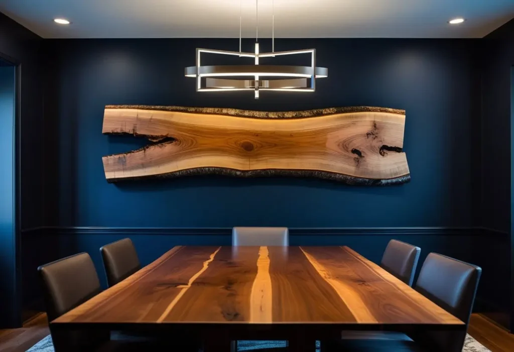 Live edge wood wall decor mounted on a dark blue dining room accent wall.
