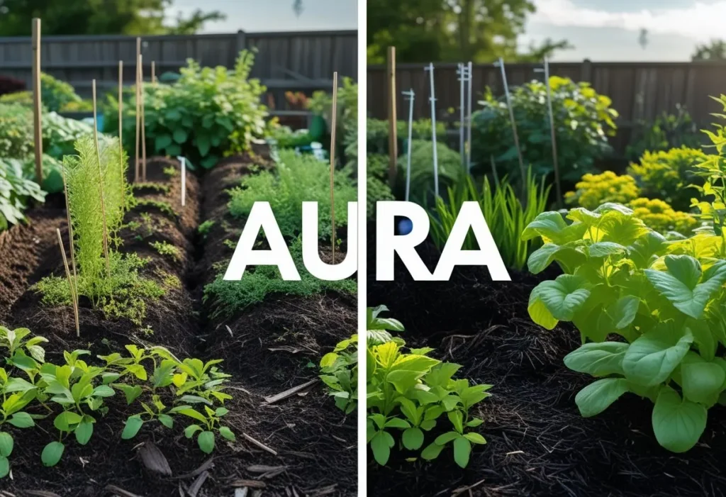 Before and after correction of common maintenance mistakes in a potager garden.