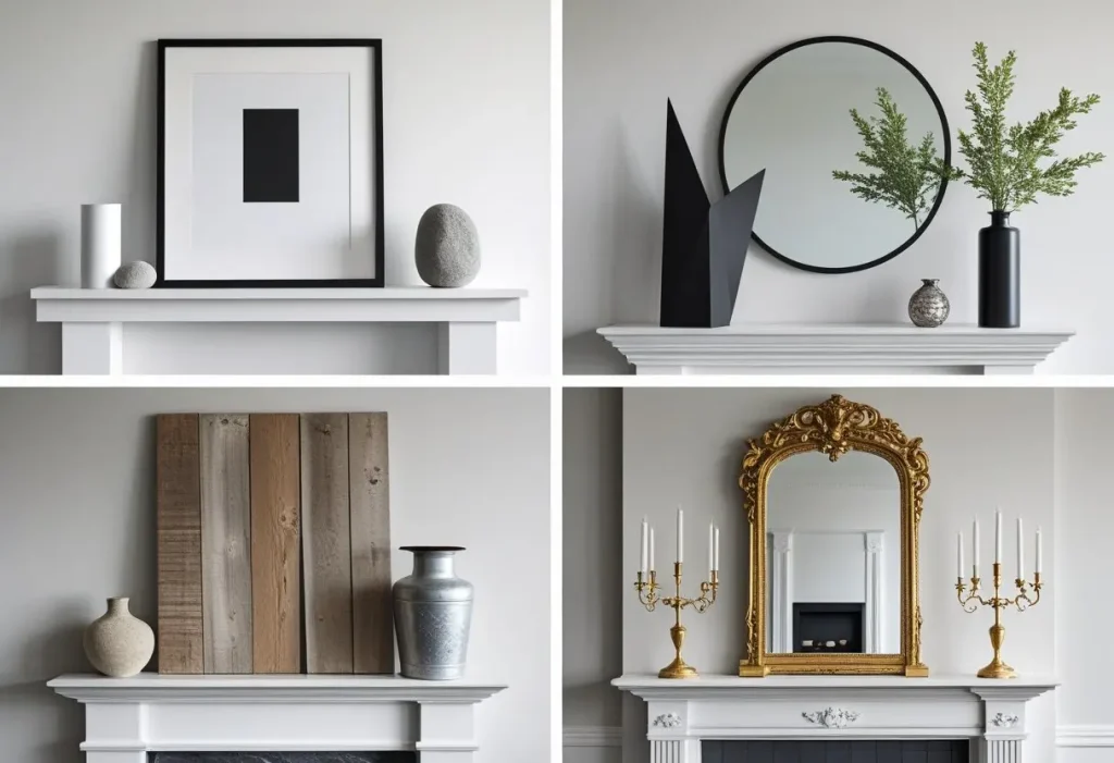  A visual guide to different mantel decor styles including minimalist, modern, farmhouse, and luxury.