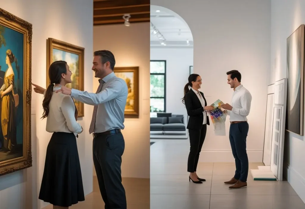 Consultant interaction at a decor art gallery New York NY versus traditional gallery.