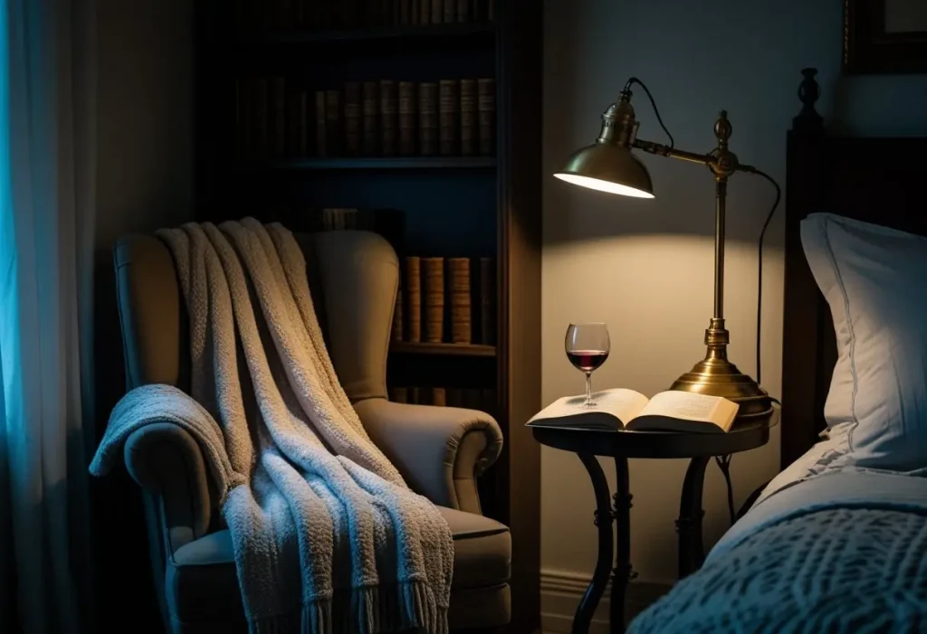 atmospheric lighting in goth home decor reading nook