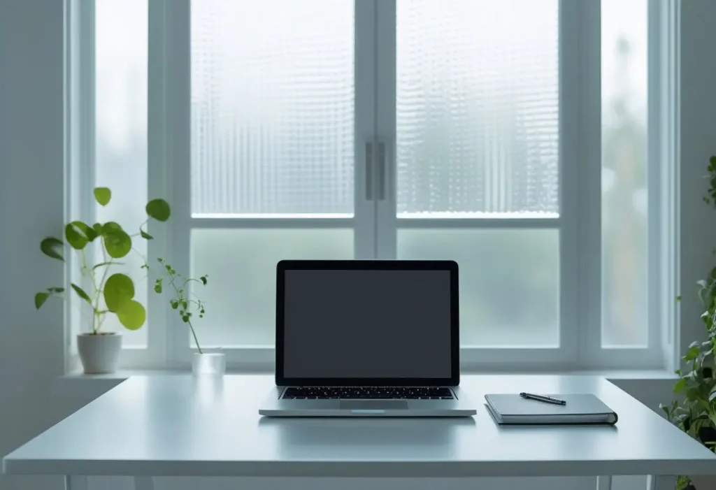 Glare reduction in home office using window tint film.