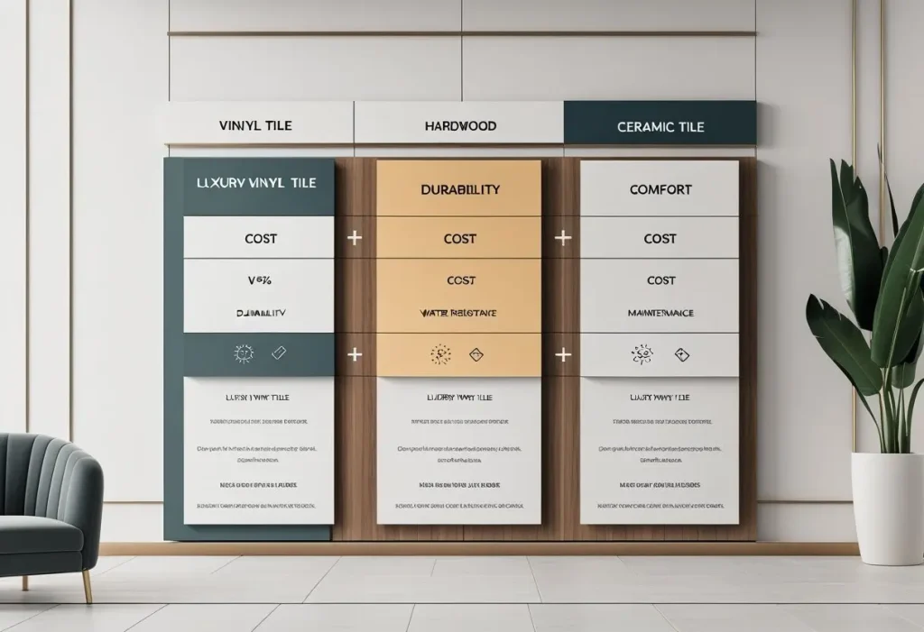 Comparison infographic of Luxury Vinyl Tile vs hardwood vs tile flooring