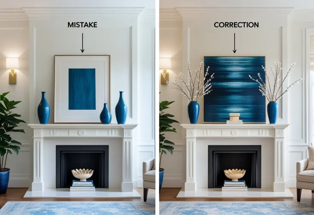 Correcting a flat mantel decor arrangement by adding layering and varying heights.