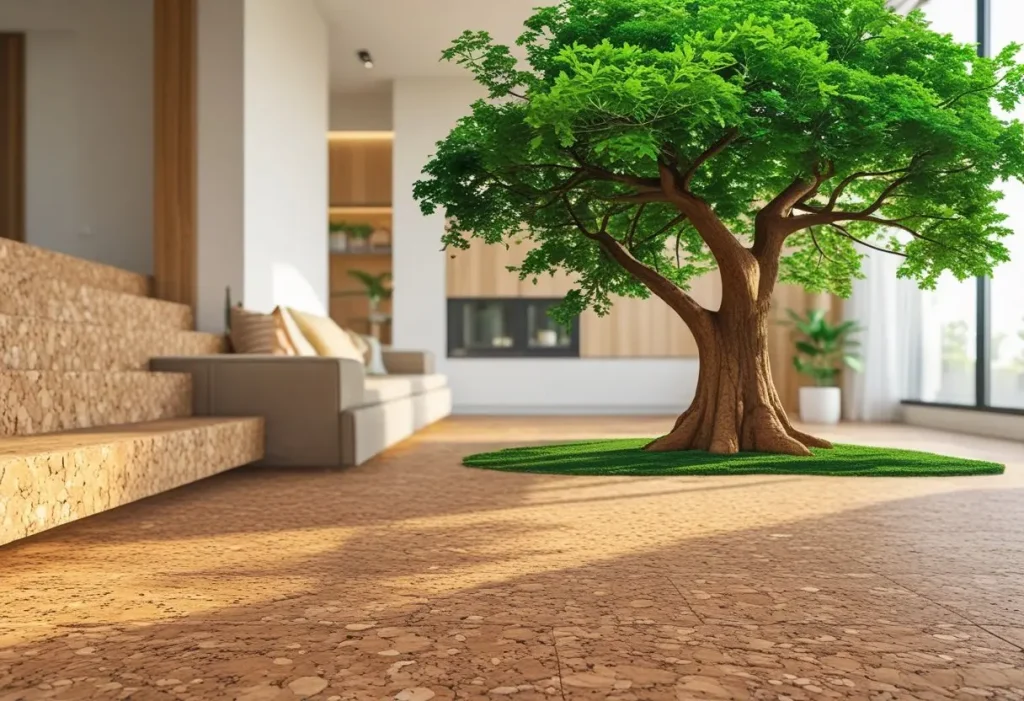 Eco-friendly cork flooring made from renewable cork oak trees