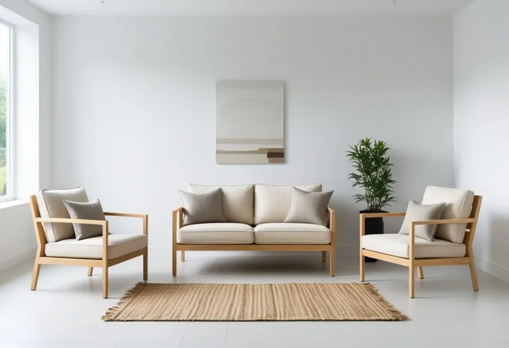 A Scandinavian-style 3 piece loveseat set with two armchairs in a bright, minimalist living room.