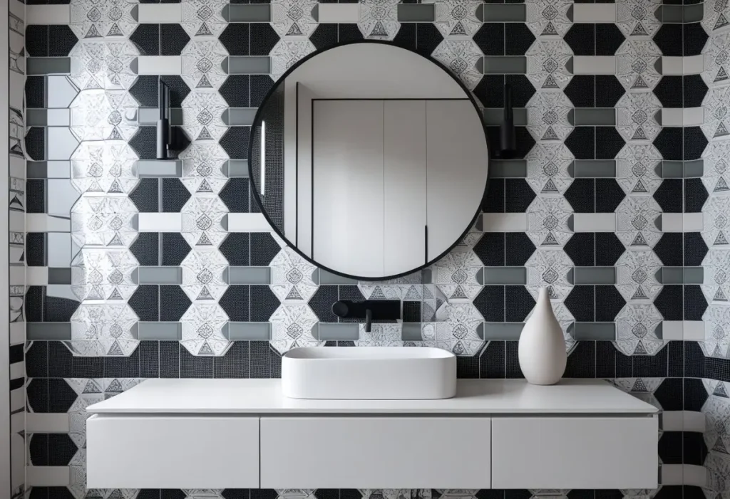  Modern bathroom vanity with a geometric black and white tile accent wall.
