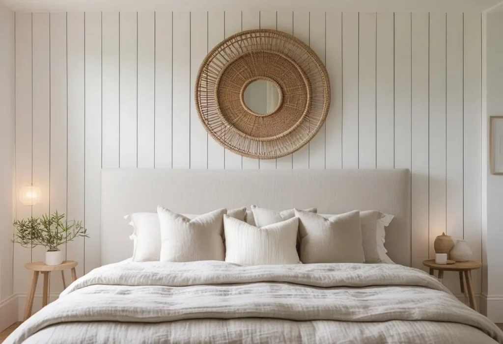 White wood shiplap wall decor paired with a circular woven wood mirror in a bedroom.