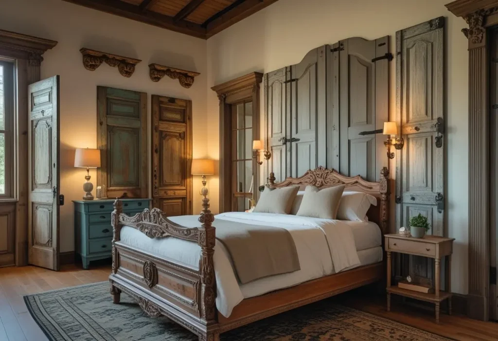 Bedroom decorated with architectural salvage vintage home decor, including antique wooden bed frames, repurposed doors, and decorative corbels.