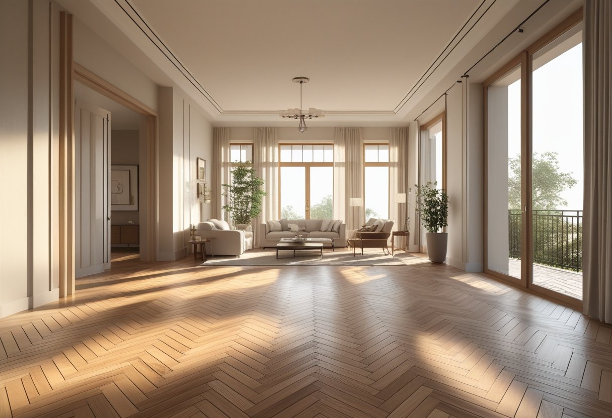 Parquet flooring in a luxury living room with classic herringbone wood pattern and natural oak finish