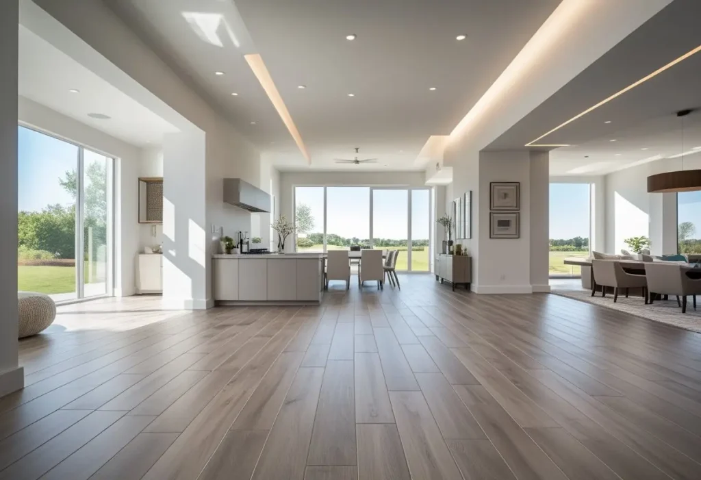 Open interior with oversized Luxury Vinyl Tile Flooring planks