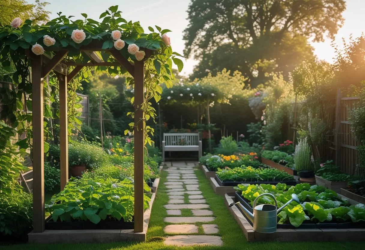 Inviting backyard potager garden entrance with a wooden arbor and geometric planting beds.