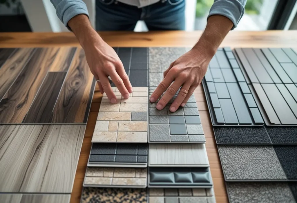 Luxury Vinyl Tile Flooring samples laid out for selection