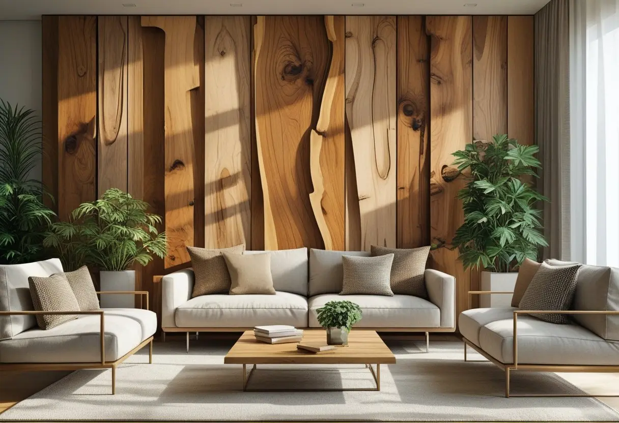Modern living room featuring premium wood wall decor as a focal point with warm natural textures.