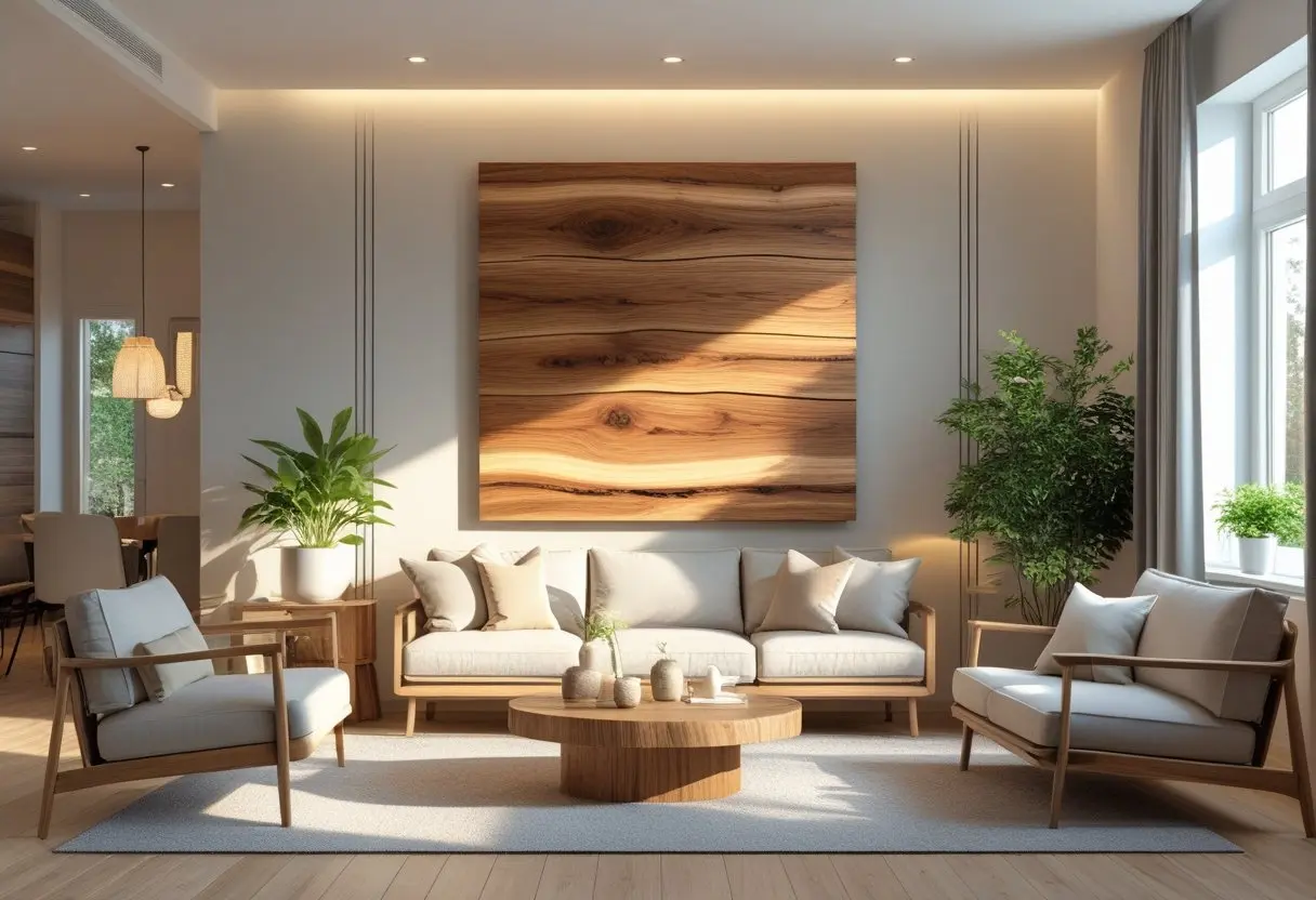 Wooden for wall decor displayed in a modern living room with natural wood textures and warm interior styling.