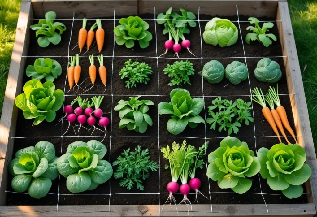 A raised bed garden using the square foot gardening method as a natural grow a garden calculator for optimal plant spacing.
