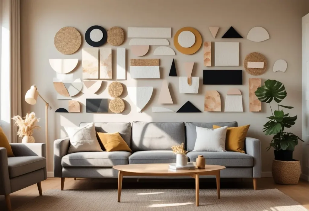 Collage art wall decor displayed in a modern living room with layered textures and artistic design