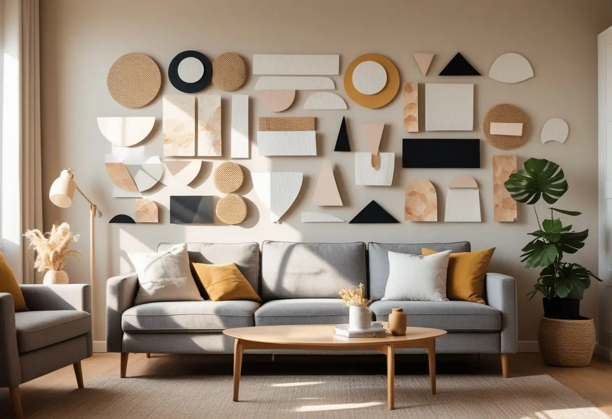 Collage art wall decor displayed in a modern living room with layered textures and artistic design