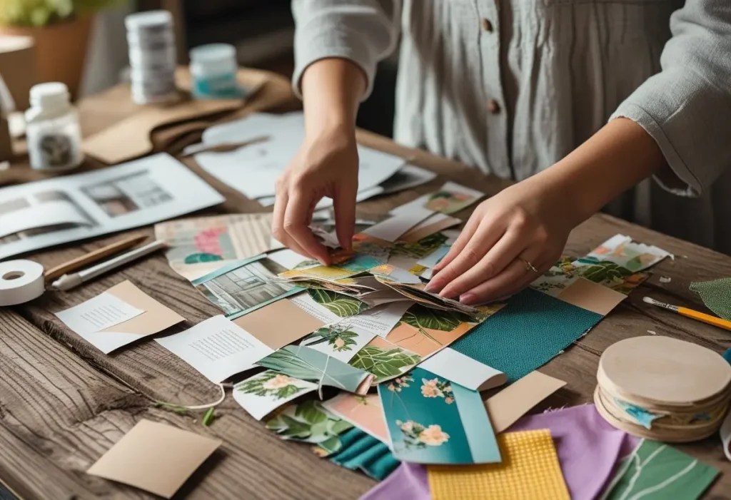 Collage art creation process using paper cutouts and textures on a creative workspace